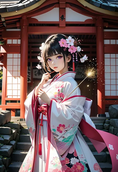 cool beauty, wearing pink and white Japanese shrine maiden costume, set against a background of typically Japanese scenery and accessories, iridescent glitter gold dust flying about, professional and perfect composition, extremely delicate depiction, extremely clear image, various effects, bold and dynamic, contrasts of light and shadow, 2.5D, artistic photography, hyper realistic, ultra detailed, absolutely resolution, masterpiece