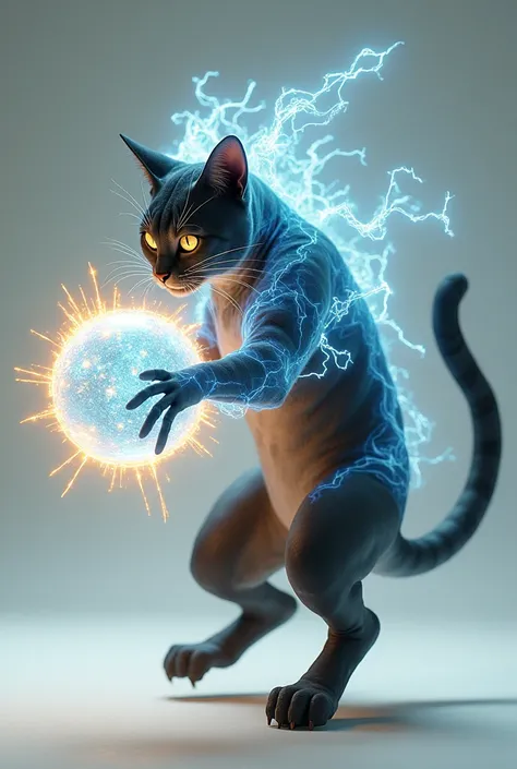 A cat that catches a huge sphere of fast velocity energy with both hands, and is clothed in a condensed aura,profile