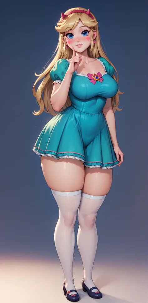 Star Butterfly, 1 girl, standing alone, ssmile, blush, looking ahead at viewer, blue colored eyes, green dress, Age 18, marking, ((whole body)), very thick thighs, curves, nice curvy legs, white stockings, Gargantuan butt, front, seductive pose, best quali...