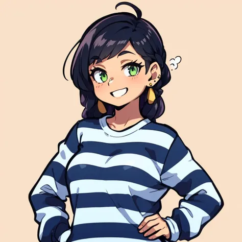 1 young woman with green eyes, female, long hair:1.5, weavy hair, dark_brown hair, happy face, cute smile, (cap),  white and black stripes sweater, long sleeves, wide jeans, white shoes, hands on hips, illustration, (white background:1.3, full body, solo, ...