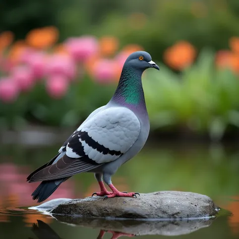 The image is a close-up of a pigeon standing on a rock in a pond. The pigeon is facing the camera and its body is facing towards the right side of the image. It has a grey body with black and white speckles on its wings and tail. Its head is slightly tilted to the side and its beak is slightly open. The background is blurred, but it appears to be a garden or park with pink and orange flowers and greenery. The water in the pond is still and reflects the colors of the flowers.