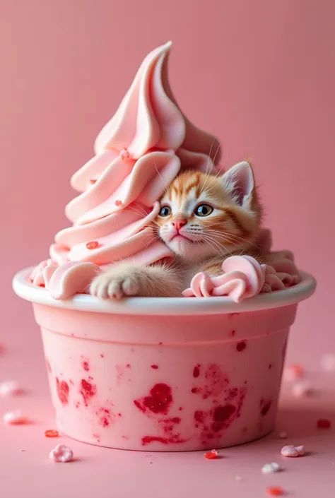 A tub of strawberry ice cream with rich pink tones and swirls of cream. Slowly, the swirls shift, and a tiny, smiling kitten’s face emerges. The ice cream fully transforms into a fluffy pink kitten with matching cream-colored accents, playfully lying in the tub.