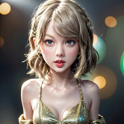 (Extremely Detailed ((Personification as a KAWAII tiny girl of  (" Taylor Swift "))) with Characteristics Items), High-level, 8K Masterpiece TopQuality Ultra-detailed CG, Absurd detailed wallpaper, PerfectLighting, aesthetic LifeLike Rendering, MysticSight...