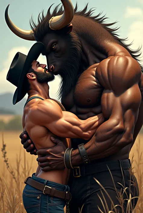   a handsome and bearded muscular cowboy tattooed fucked by a big muscular minotaur, 1 man,   1 muscular minotaur  ,  high minotaur  , Naked, BDSM costume ,  black cowboy hat ,   black cowboy boots  , handsome bull ,  size difference ,  muscle fit ,  balan...