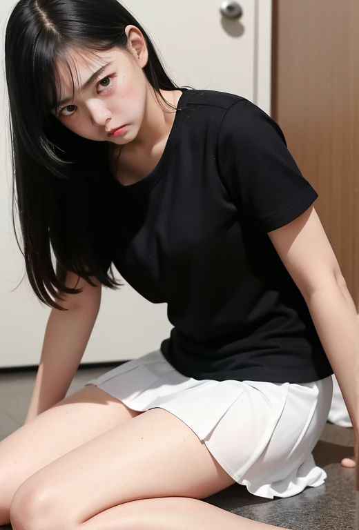  Dark Room、 Female middle school student running back while sitting on the floor、My skirt is rolled up and my white panties are visible 、、 black hair、 I stare at it with tearful eyes、Angry、dislike、大dislike、