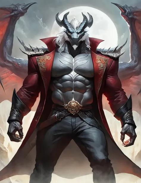  male black dragon , moon, concept art, masterpiece,  High Quality , Pants, Long coat,  gun destroyer costume, attitude, Diff body ,  dark gray body ,  white hair ,whole body， aged pants ，, exposing his chest，Strong chest muscles，Well-developed chest muscl...