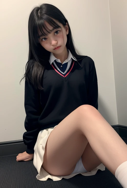 No lights (( Dark Room:1.2))、 Female middle school student running back while sitting on the floor、 school uniform、My skirt is rolled up and my white panties are visible 、、 black hair、Teary-eyedで睨みつける、dislike、大dislike、Teary-eyed、 I'm being driven by a wall...