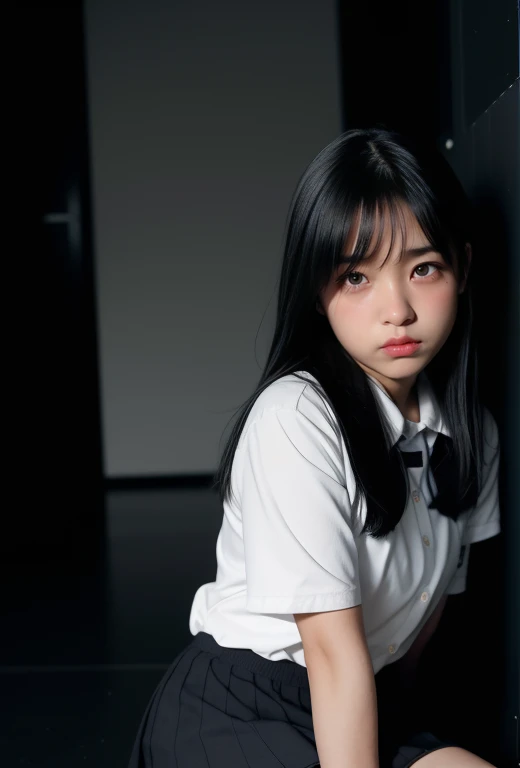 No lights 、(( Dark Room:1.3))、 Female middle school student running back while sitting on the floor、 school uniform、My skirt is rolled up and my white panties are visible 、、 black hair、Teary-eyedで睨みつける、dislike、大dislike、Teary-eyed、A dark room with no lights...