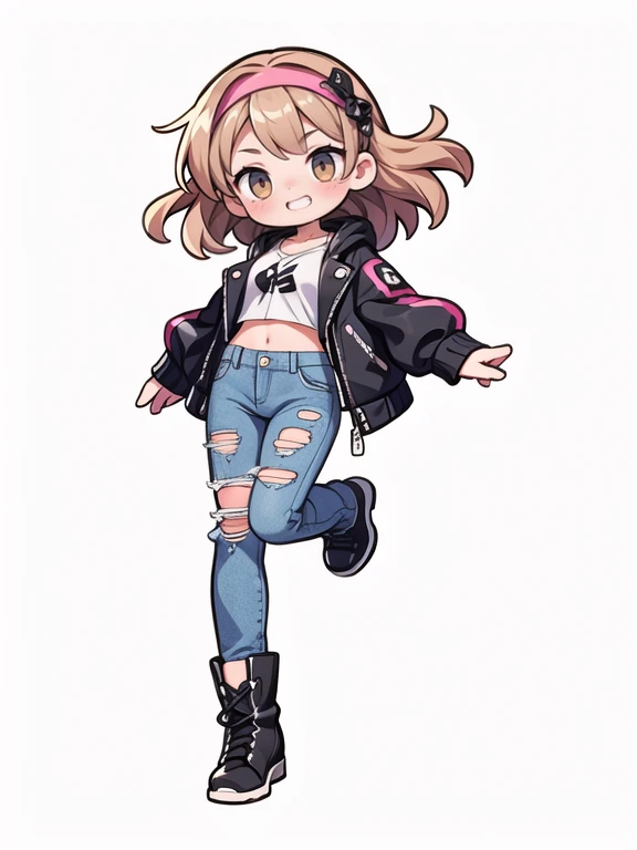 1girl, solo, brown hair, light brown eyes, rockstar, chibi, (black jacket, girl, black boots, happy smiling, pink headband, ripped jeans, blue jeans,) ((white background:1.3)), fullbody, dynamic pose, dynamic angle, adorable, cute, Highest image quality, h...