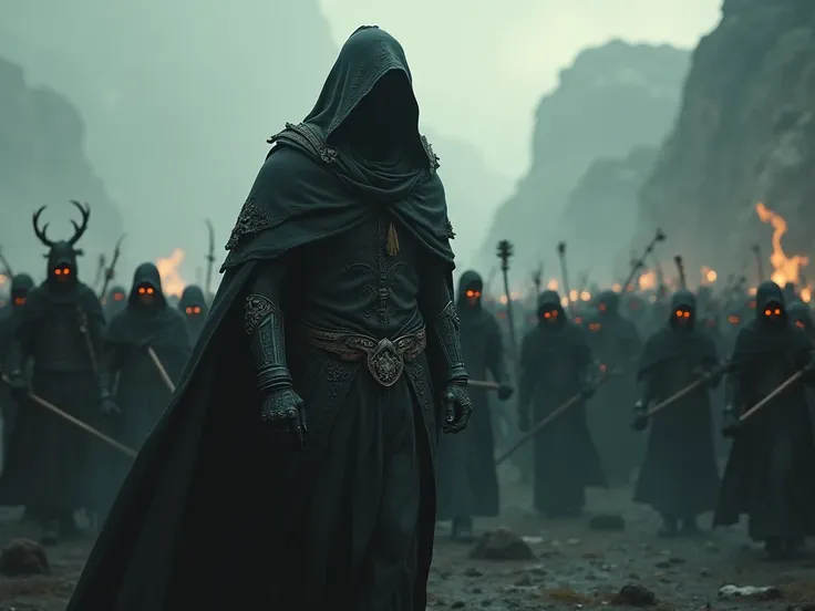 Realistic photo of a necromancer leading an army of the dead, shadow monarch, 4k