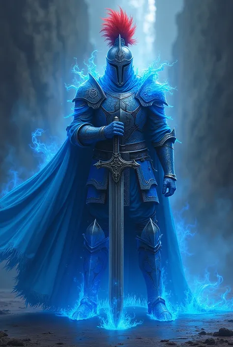 knight in armor made of blue flames, wielding a great sword, red feathers on his helmet