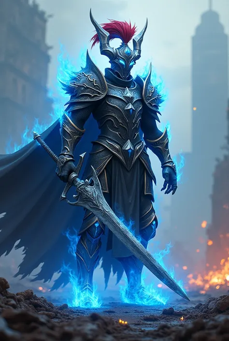 A demon knight wearing blue flames, wielding a long torn cloak and a great sword, red feathers on his helmet.