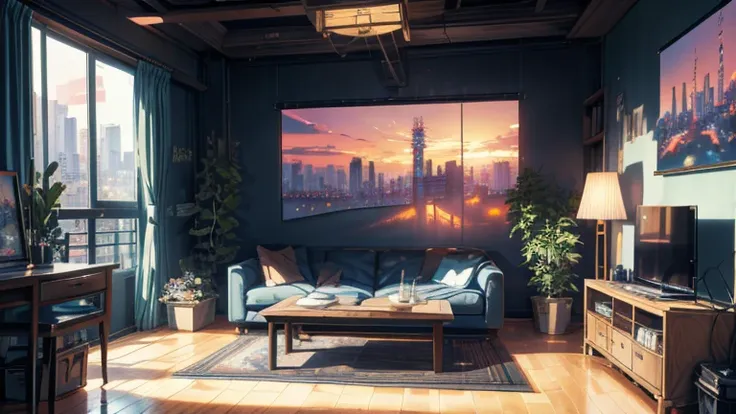 Picture of a living room with furniture and large windows, hd Anime cityscape, Anime style cityscape, the Cyberpunk Apartment, Cyberpunk Apartment, art deco outrun Anime aesthestic, Anime background art, Anime asthetic, rio de janeiro in an Anime film, Ani...