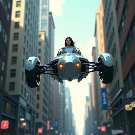 a girl on Flying Car. Riding in the air, Riding through the valleys between Manhattan's buildings, MagicHourMiracle