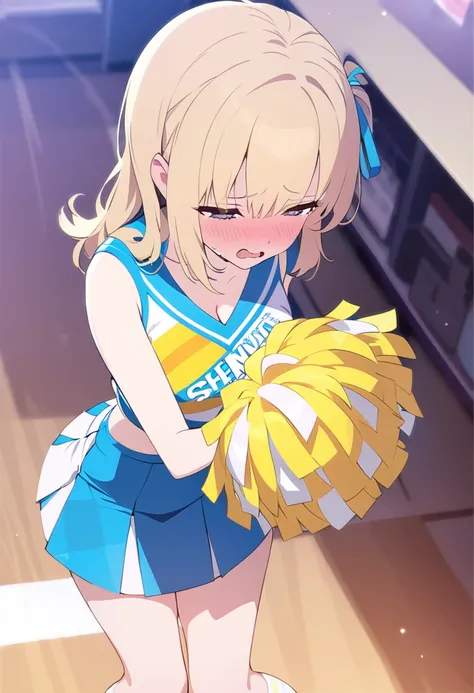 (masterpiece, best quality), 1girl, solo, kawaii, cheerleader, mini skirt, blonde hair, embarrassed