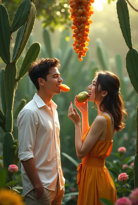  in the botanical garden.  real art  , High quality ,  masterpiece,  ultra high resolution ,  realistic , great photo,  abstract background,  detail , 1 guy — 20 years old, and 1 19-year-old girl ,  look good  ,  The cactus blooms next to a guy and a girl ...