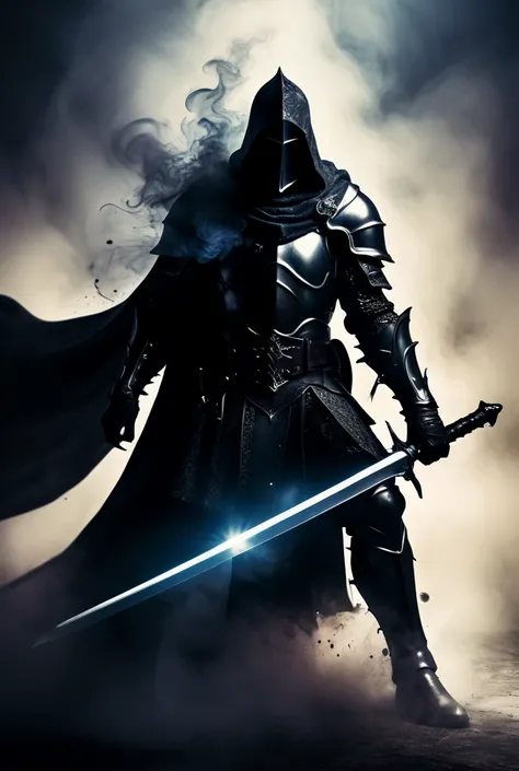 Shadowy knight wielding a large sword, wearing a bulging cloak made of shadows and smoke, dark fantasy splash art, ultra detailed, ultra realistic, digital art, detailed background, spectacular, cinematic, dramatic, fantastic, intense, otherworldly surreal...