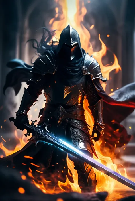 Breathtaking shallow depth of field, bulging cloak of shadows and flames, shadowy knight wielding great sword, dark fantasy splash art, ultra detailed, ultra realistic, digital art, detailed background, spectacular, cinematic, dramatic, fantastic, intense,...