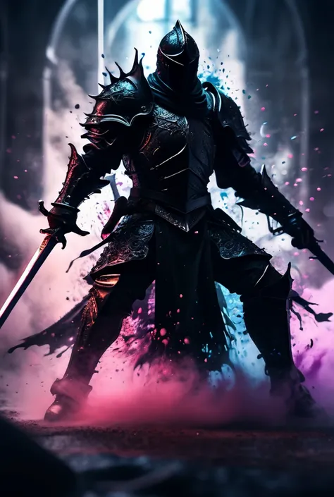 Breathtaking shallow depth of field, particle made body, dark fantasy splash art, shadowy knight wielding great sword, ultra detailed, ultra realistic, digital art, detailed background, spectacular, cinematic, dramatic, fantastic, intense, otherworldly sur...