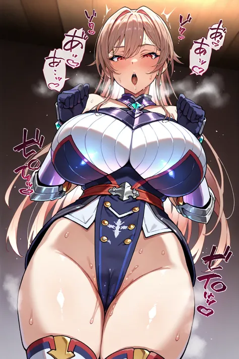 (  1girl  , (  Furen E Lustario:1.5), , female knight, , sweat,   torogao,   , Huge breasts,  Slim waist, Wide Hips , sweat, steam, defined legs, A very glamorous body, cameltoe, sexy pose, , looking viewer,) ,  Panting Sound Effects, Obscene Sound Effects...