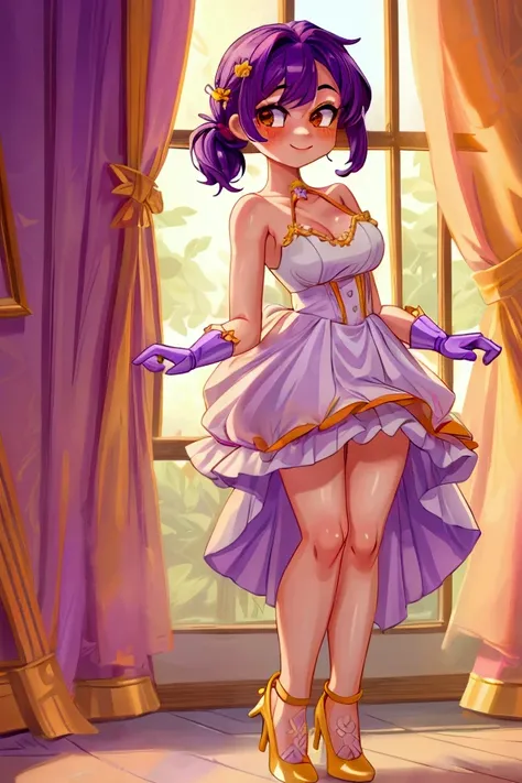 (Masterpiece, best quality), 1 girl, purple hair, orange eyes, standing indoors with intricate details and sunlight, white frilled dress with short neckline, yellow heels, lilac gloves, sexy pose, smile, beautiful legs, mature body, gorgeous, pronounced br...