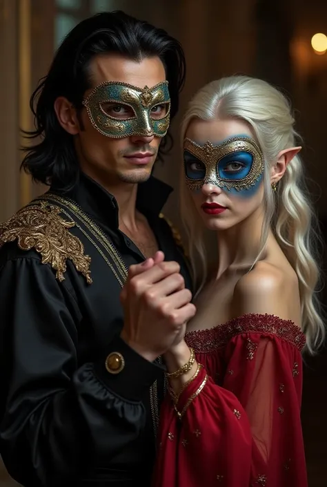 masquerade ball, handsome man, black hair, domino mask, medieval, hall, portrait, golden embroidery, elf woman with blue skin and white hair, mask, red dress, exposed chest, dim light, fantasy, renaissance, both looking at the camera, sensual, different an