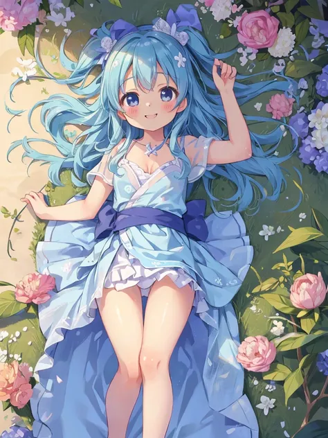  best quality , masterpiece,  Complete anatomy, High Resolution ,   Details,  Very Beautiful Detailed Body , Hikari Detsugu,  blush, smile,transparency,  lean forward、for 胸を伝説にしっかりと押し当てて&#39;Knee., Looking for , Alone, yellow dress, Pink Pants, Small chest...