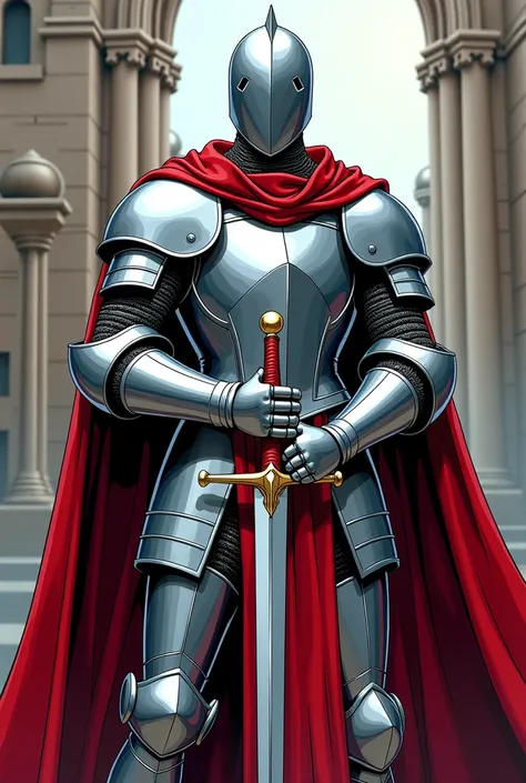 a man in armor with a sword standing in front of a castle, a comic book panel inspired by Max Magnus Norman, trending on cg society, renaissance, male paladin, arsen lupin as a paladin, a human male paladin, silver armor and red clothing, wearing heavy arm...