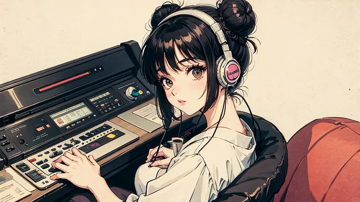  1 girl,   80s anime style, I have headphones on,  coffee, Retro, Lo-Fi,The hairstyle is a bun,21 years old