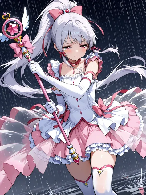 ((masterpiece, best quality, extremely detailed)), 1girl, silver hair, long hair, ponytail, long sidelocks, pink eyes, (magical girl, white frilled dress, layered dress, sleeveless, pink skirt, white overskirt, see-through showgirl skirt, frills), white el...