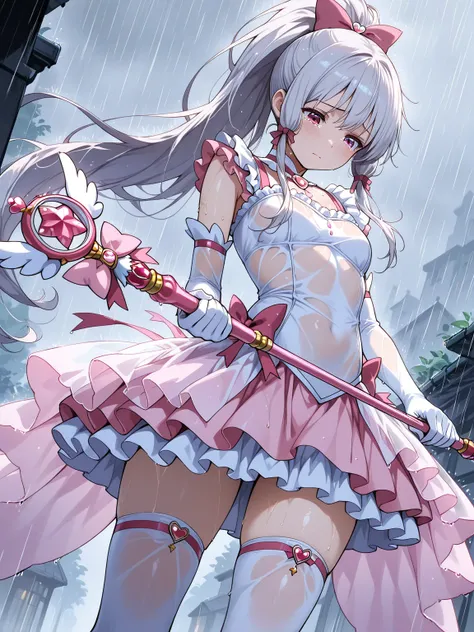 ((masterpiece, best quality, extremely detailed)), 1girl, silver hair, long hair, ponytail, long sidelocks, pink eyes, (magical girl, white frilled dress, layered dress, sleeveless, pink skirt, white overskirt, see-through showgirl skirt, frills), white el...