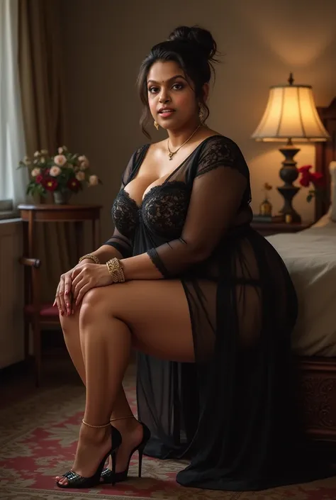 40 year old married indian women looking at the viewer, wearing black transparent night gown , big Fat ass,wide hips,Big thighs, scooped Big breast, Voluptuous Body,fat wide ass ,messy bun, lipstic, smiling face,strap high heels, Jewellery, sitting on a sm...