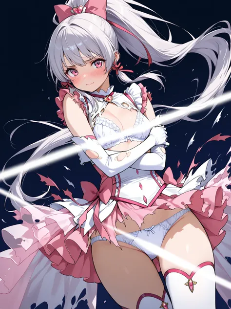 ((masterpiece, best quality, extremely detailed)), 1girl, silver hair, long hair, ponytail, long sidelocks, pink eyes, (magical girl, white frilled dress, layered dress, sleeveless, pink skirt, white overskirt, see-through showgirl skirt, frills), white el...