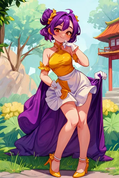 (Masterpiece, best quality), 1 girl, purple hair, orange eyes, standing outdoors, chinese town, white frilled dress with short neckline, yellow heels, lilac gloves, sexy pose, smile, beautiful legs, mature body, gorgeous, pronounced breasts.