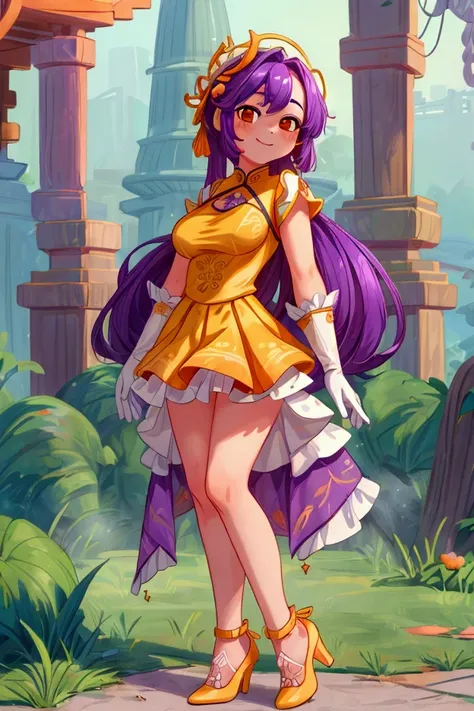 (Masterpiece, best quality), 1 girl, purple hair, orange eyes, standing outdoors with intricate details and sunlight chinese town, white frilled dress with short neckline, yellow heels, lilac gloves, sexy pose, smile, beautiful legs, mature body, gorgeous,...