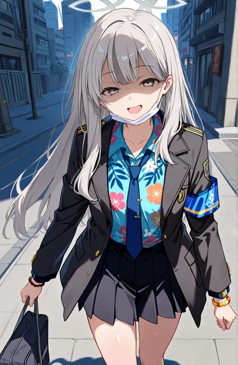 score_9, score_8_up, score_7_up, source_anime, 1girl, solo, looking at viewer, shiny skin, konoka, grey eyes, grey hair, long hair, streaked hair, bangs, sidelocks, halo, blue shirt, collared shirt, blue necktie, floral print, black jacket, puffy long slee...