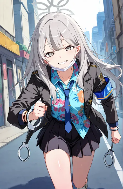 score_9, score_8_up, score_7_up, source_anime, 1girl, solo, looking at viewer, shiny skin, konoka, grey eyes, grey hair, long hair, streaked hair, bangs, sidelocks, halo, blue shirt, collared shirt, blue necktie, floral print, black jacket, puffy long slee...