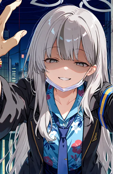 score_9, score_8_up, score_7_up, source_anime, 1girl, solo, upper body, shiny skin, konoka, grey eyes, grey hair, long hair, streaked hair, bangs, sidelocks, halo, blue shirt, collared shirt, blue necktie, floral print, black jacket, puffy long sleeves, ar...