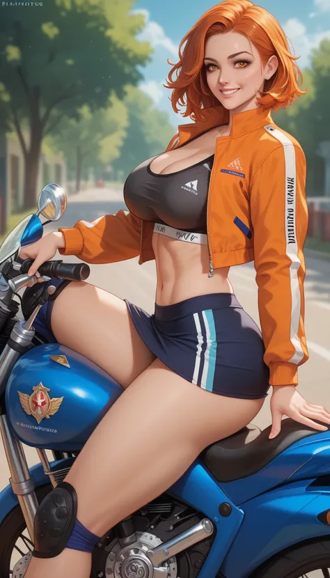 ultra-detailed, 1girl, solo, ((masterpiece)), (best quality), (highres), 16K, orange eyes, orange hair, medium hair, wearing jacket, sports bra, skirt, black panties, knee pads, busty body, large breasts and a beautiful ass, showcasing cleavage, legs, hips...