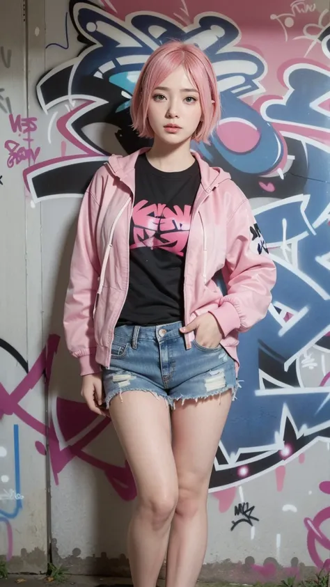 1girl, Sakura\(Naruto theme), Solo, Pink Jacket, Black shirt, Big Breasts, denim shorts,(graffiti:1.5), paint splatter, against wall, looking at viewer, thigh strap, paint on body, head tilt, Pink hair, Short Hair, Green eyes, realistic