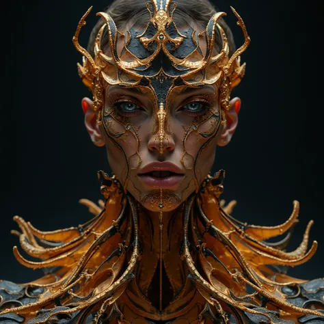 Creative and fashionable design ,  Iris van Herpen has a unique designer style ,  incorporates the curves of the life of dry leaves,  shows strong lines and a delicate bone structure . symmetrical design, the gold and black lines are intertwined,  emphasiz...