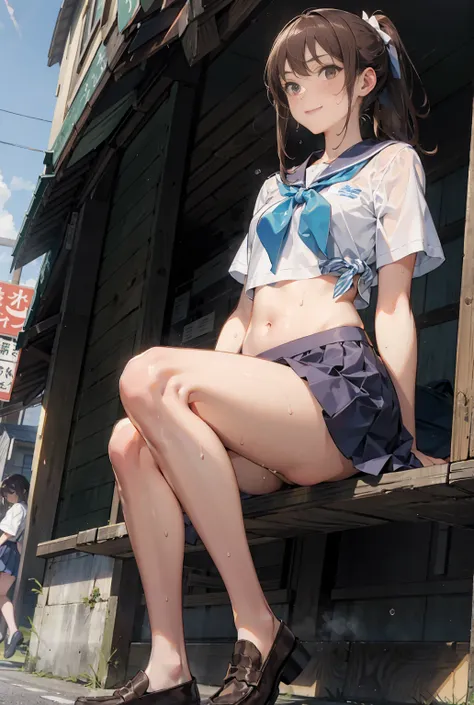 ( super flat ,  flat shaded ), Honor Type, Really blushing, ,  high school girl,  wearing a short-sleeved school uniform on a busy public road:1.5, windになびくミニスカート,  loafers ,   ponytail brown hair  , glass,  sweaty healthy body,  sweaty and drenched full b...