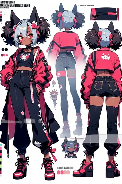 anime, refsheet, girl, anime styled, character design, 2d, decor, stitches, zombie, dog ears, black and gray, darkskin