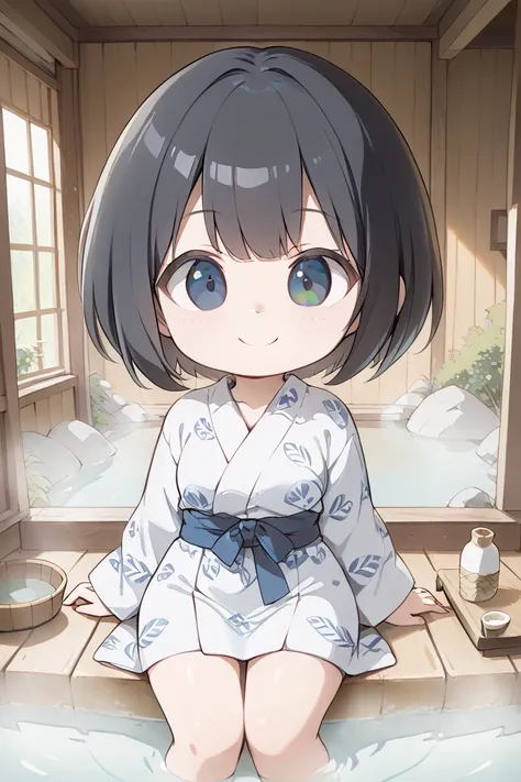 (1 chibi girl:1.2), big droopy eyes, black eyes, black hair, bob cut,
yukata, onsen, indoors, smile,
(colored pencil:0.9), (masterpiece, best quality, hyper detailed),