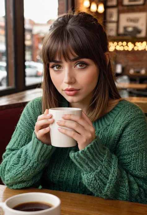 a beautiful 20 year old j0i woman,1 girl,beautiful detailed   greenish brown eyes,beautiful detailed lips,extremely detailed eyes and face,long eyelashes, hair with bangs, sitting at a cozy coffee shop table,holding a cup of coffee,wearing a sweater and je...