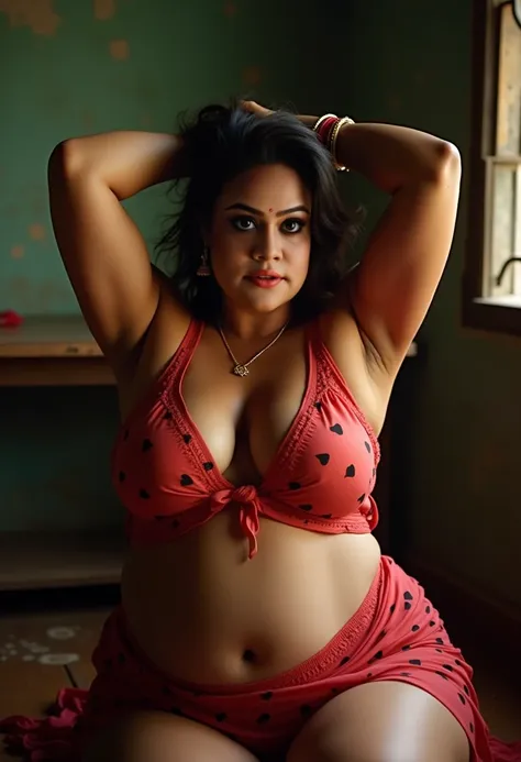 photo of Voluptuous Mature Indian cute Bengali Aunty with dusky skin, wearing light red mini nighty ( black heart shape  design all over nighty) , showing her large Cleavage, show her navel, Red Sindoor on her forehead, Shakha Pola bangles in her hand, Hai...