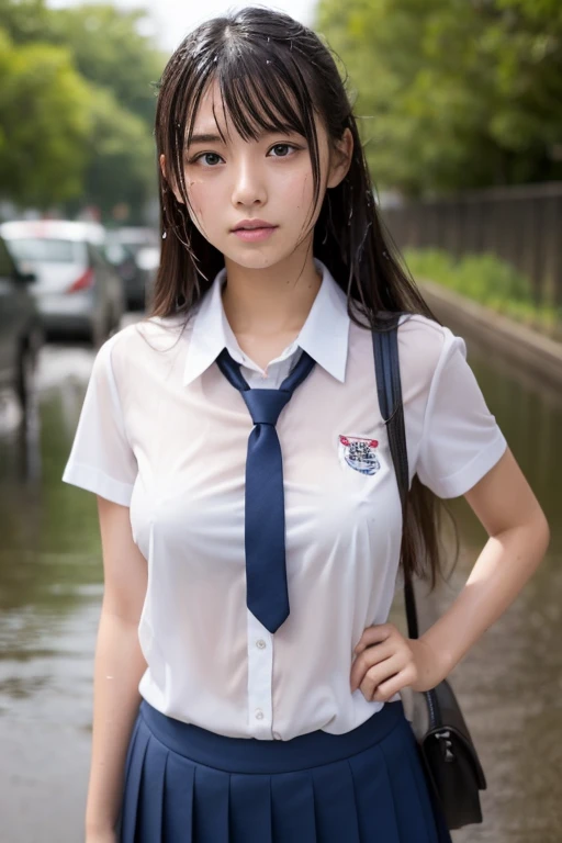  Japanese high school girl 、18 year old beauty、The white shirt on my uniform is wet and I can see through my nipples、 after rain、 long hair