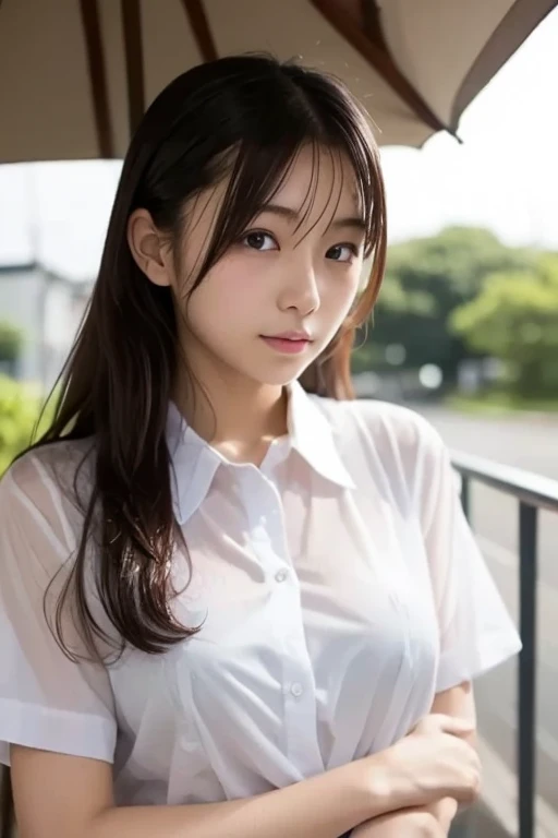  Japanese high school girl 、18 year old beauty、White uniform shirt、 after rain、 long hair