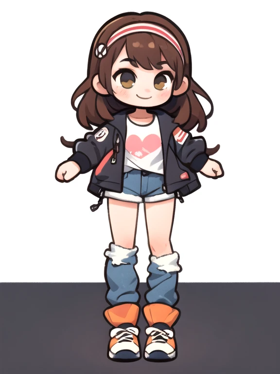 1girl, solo, brown hair, light brown eyes, rockstar, chibi, (black jacket, girl, black boots, happy smiling, pink headband, ripped jeans, blue jeans,) ((white background:1.3)), fullbody, adorable, cute, Highest image quality, human, stand, dynamic arms, bo...