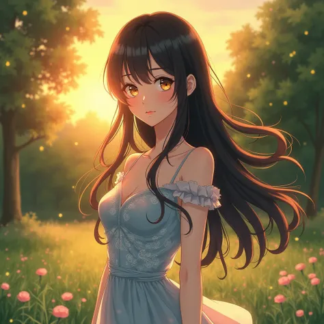 1 anime girl,  long black hair ,  golden eyes , pale skin, light blue floral dress, Park, sunset, smile,  Detailed , 4k,  Precise,  high quality 